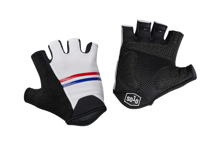 Solo Duo Mitt fingerless cycling glove in white and black colourway displaying the front and back of the glove